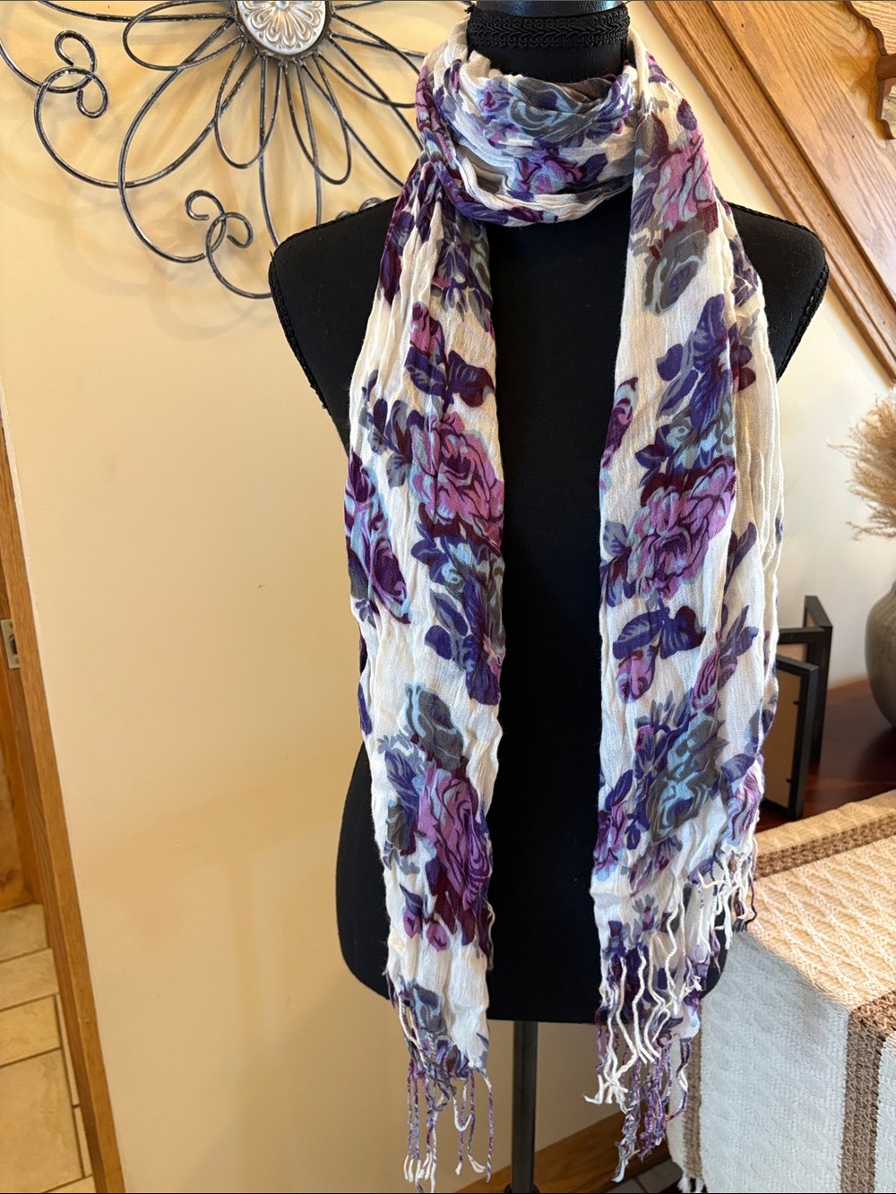 Lightweight Floral Scarf in Purple and Cream by